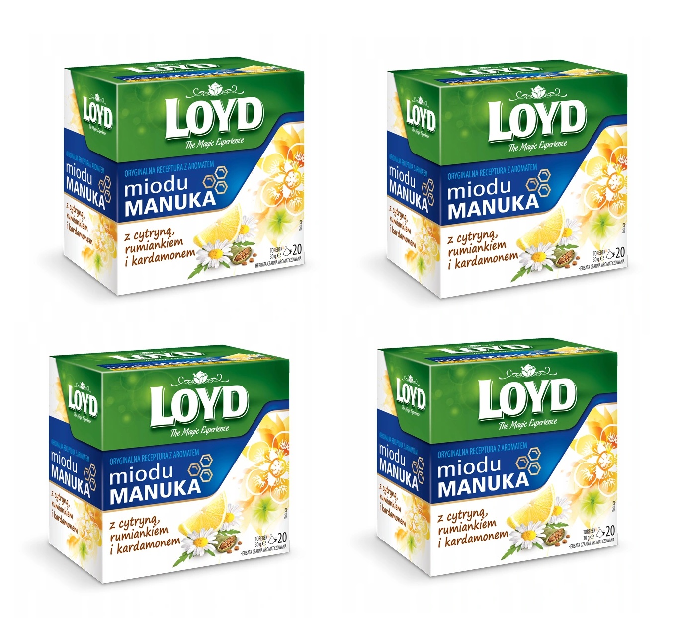 LOYD Herbata Miód Manuka z cytryną,rumiankiem i kardamonem – 80 torebek piramidki