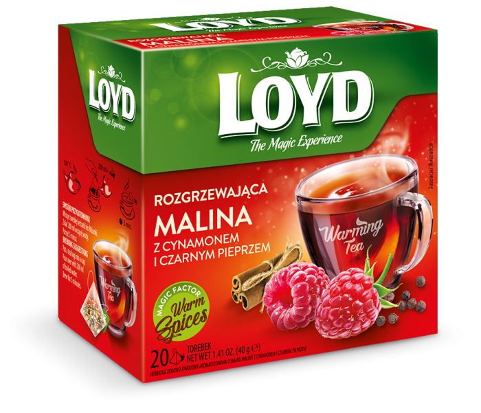 LOYD Herbata rozgrzewająca o smaku malinowym z cynamonem i czarnym pieprzem piramidki