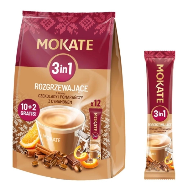 Kawa rozpuszczalna MOKATE 3w1 rozgrzewająca czekolada pomarańcza cynamon 12 saszetek
